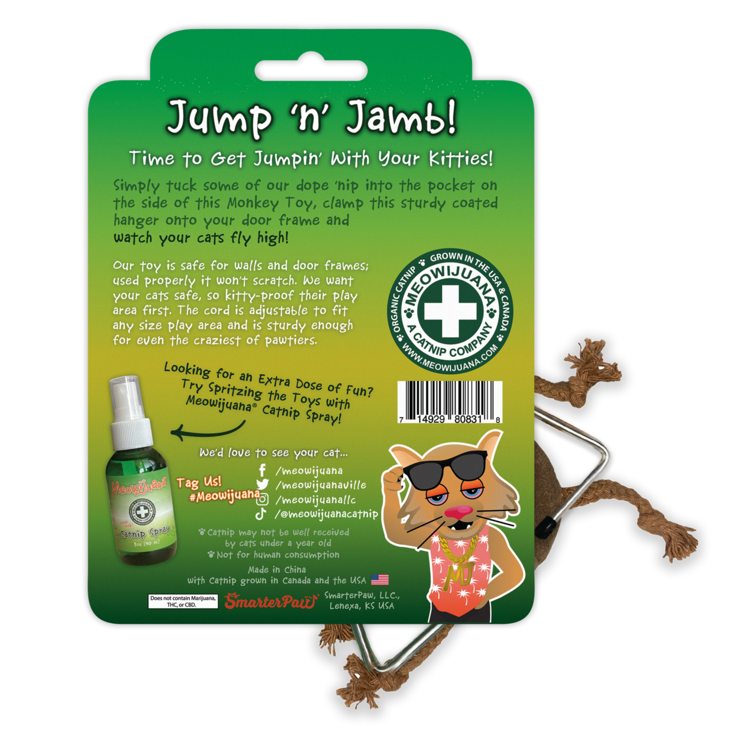 Meowijuana Jump 'n' Jamb - Get The Monkey Off Your Back - Refillable Catnip Swinging Toy