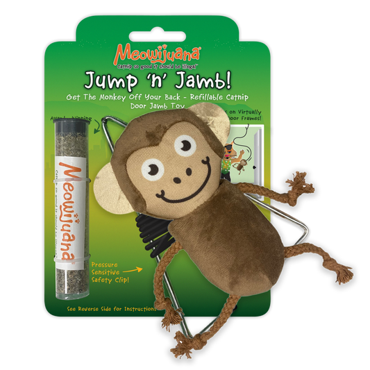 Meowijuana Jump 'n' Jamb - Get The Monkey Off Your Back - Refillable Catnip Swinging Toy