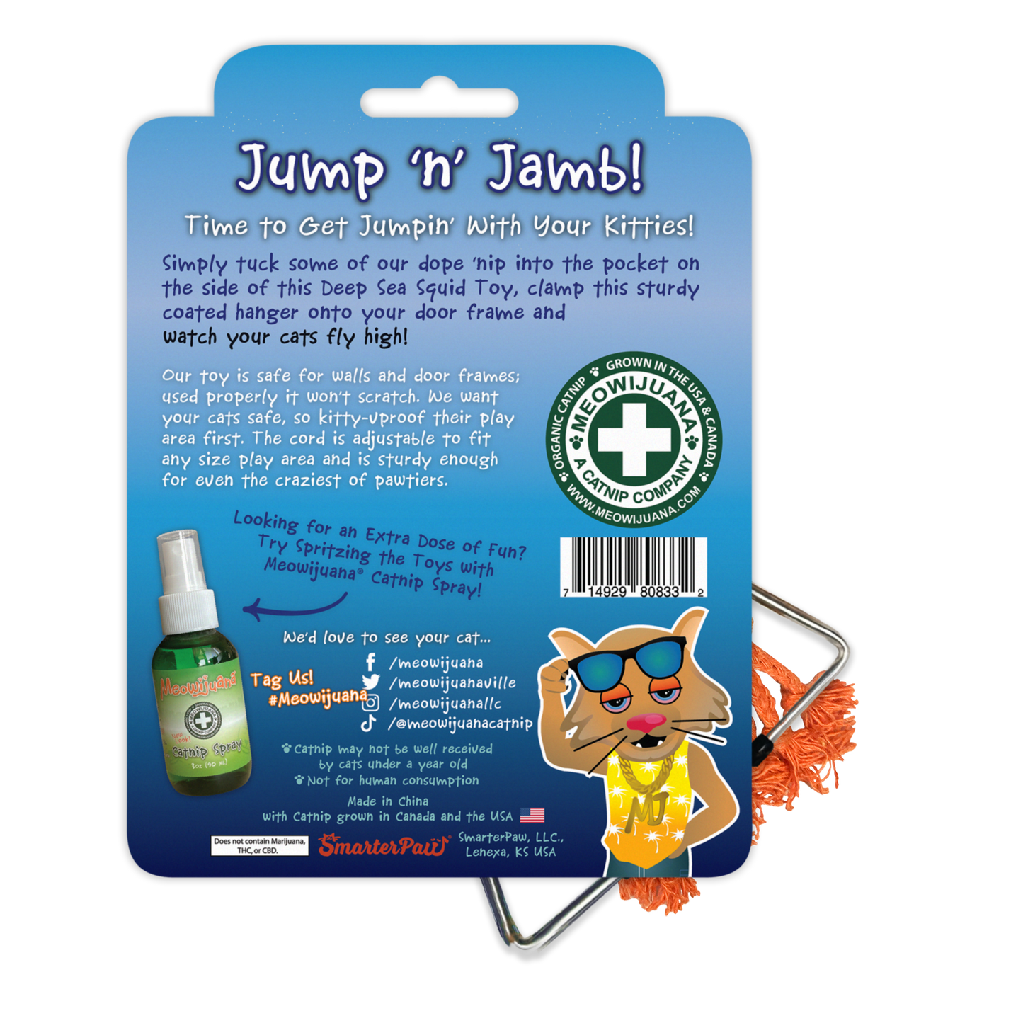 Meowijuana Jump 'n' Jamb - Deep Sea Squid - Refillable Catnip Swinging Toy